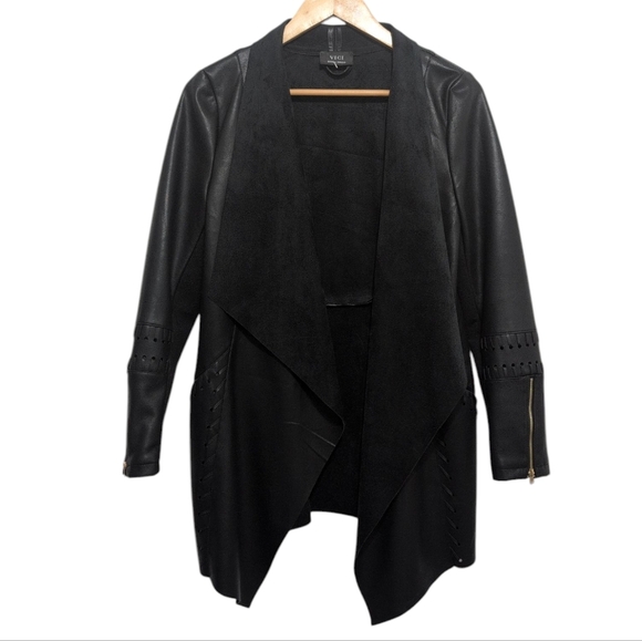 Vici Black Faux Leather and Suede Waterfall Open Jacket Women's Size XS - Picture 2 of 13
